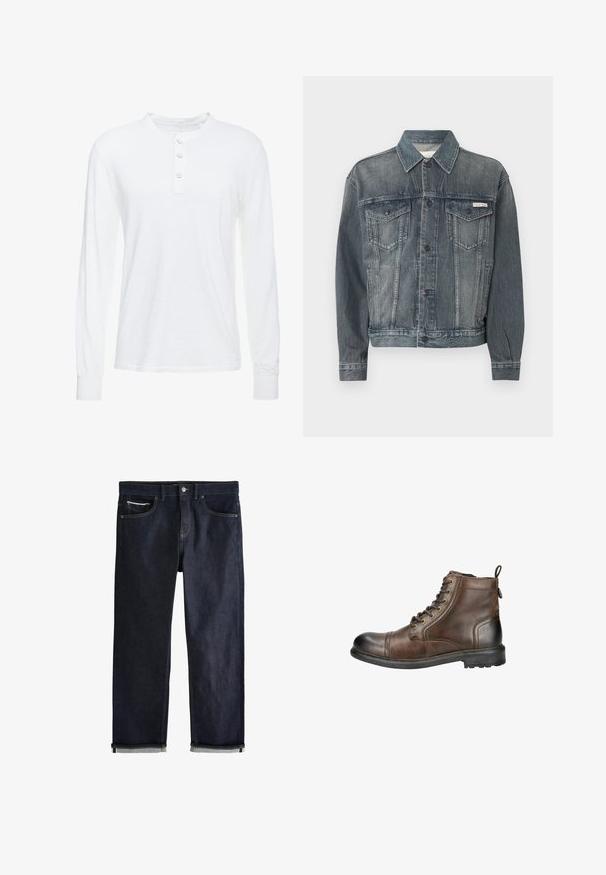 Chaqueta de mezclilla negra deslavada con cierre de botones, dos bolsillos con tapeta en el pecho, bolsillos laterales y logo de Calvin Klein en el pecho y la cintura.; Camisa henley de manga larga blanca en tejido ligero, con cuello redondo, tapeta de tres botones y puños ajustados.; Vaqueros de mezclilla azul oscuro con un ajuste recto clásico, que cuentan con cinco bolsillos, cierre de botones y puños doblados que muestran un forro azul claro.; Botín de cuero marrón hasta el tobillo con puntera redondeada, cordones en la parte delantera y una cinta en la parte trasera para facilitar su uso. Cuenta con una suela resistente con tacos para mayor tracción.