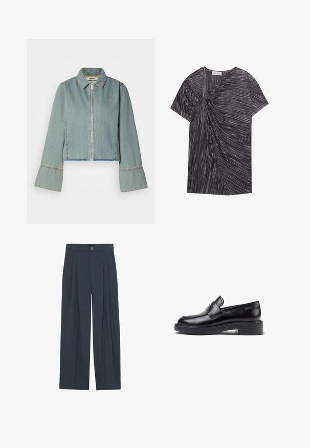 Kraftig denimjakke i lys blå med en frontlynlås, spidse kraver og klokkeærmer. Har subtile syninger og et broderet logo.; Kortærmet, sort og hvid top med et tekstureret, asymmetrisk design, der har plisseringer og en snoet frontdetalje.; Vide bukser lavet af tekstureret mørkegråt stof, med foran pliserede detaljer, en knaplukning og sidelommer for ekstra funktionalitet.; Sorte læder loafers med en rund tå, der har et syet design og en kraftig gummisål. Accenteret med en dekorativ strop.