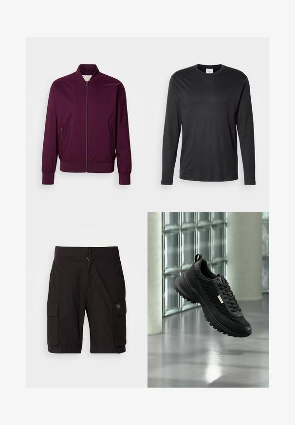 Chaqueta bomber burdeos con cierre de cremallera, puños y dobladillo elásticos. Presenta bolsillos laterales y un logotipo sutil en el pecho. Textura de tela suave.; Camisa negra de manga larga y cuello redondo de Calvin Klein con pequeño logo CK en el lado izquierdo del pecho, mostrada sobre un fondo blanco liso.; Pantalones cortos de cargo negros confeccionados con tejido ligero. Cuenta con cierre de botón y cremallera, dos bolsillos laterales de cargo y detalles de costura.; Zapatilla deportiva negra con paneles laterales de malla y suela gruesa flotando en interiores cerca de bloques de vidrio y columnas sobre un suelo liso.