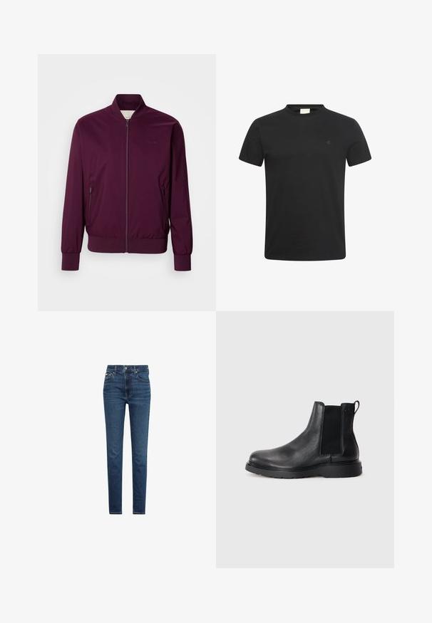 Bordeaux bomberjack met een ritssluiting, elastische manchetten en zoom. Voorzien van zijzakken en een subtiele logo op de borst. Glad textuur van de stof.; Zwart T-shirt met korte mouwen en ronde hals met een klein subtiel "cK" logo op de linkerborst.; Donkerblauwe slim fit spijkerbroek met knoop- en ritssluiting aan de voorkant, vijf zakken en zichtbare stiksels op een witte achtergrond.; Zwarte leren Chelsea boots met een gestructureerde afwerking, elastische zijpanelen en een stevige rubberen zool. Subtiele branding op de hiel.