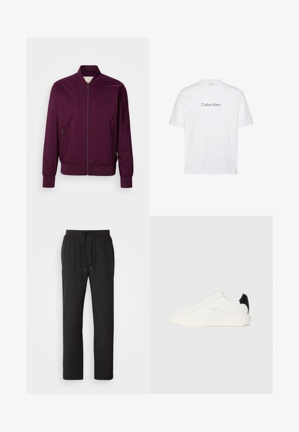 Bordeaux bomberjakke med lynlås, elastiske manchetter og kant. Har sidelommer og et diskret logo på brystet. Glat stofstruktur.; Hvid bomuld t-shirt med korte ærmer. Har rund halsudskæring og et trykt "Calvin Klein" logo i gråt hen over brystet.; Sorte joggerbukser lavet af letvægtsstof, med elastisk talje med justerbare snore og sidelommer. Glat tekstur.; Hvide lædersneakers med en sort accent på hælen, rund tå, flade snørebånd og en tyk hvid sål. Calvin Klein-logoet vises.