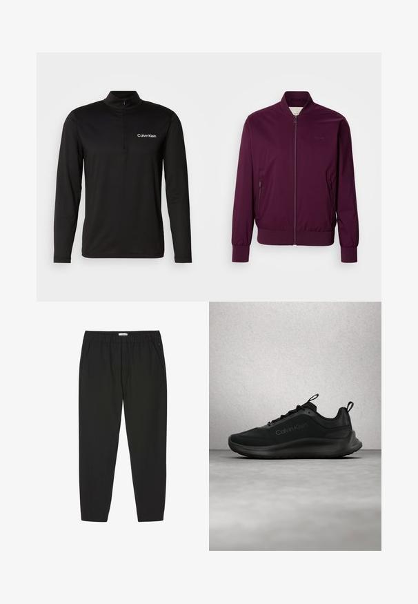 Chaqueta bomber burdeos con cierre de cremallera, puños y dobladillo elásticos. Presenta bolsillos laterales y un logotipo sutil en el pecho. Textura de tela suave.; Suéter negro de manga larga con un cuello alto, cierre de media cremallera y tejido texturizado. Presenta un pequeño logo blanco en el lado izquierdo del pecho.; Pantalones negros con cintura elástica, piernas rectas y bolsillos laterales, diseñados para uso casual o profesional.; Zapatilla negra Calvin Klein con cordones, flotando sobre un suelo gris pulido cerca de una pared de bloques de vidrio y una columna blanca.
