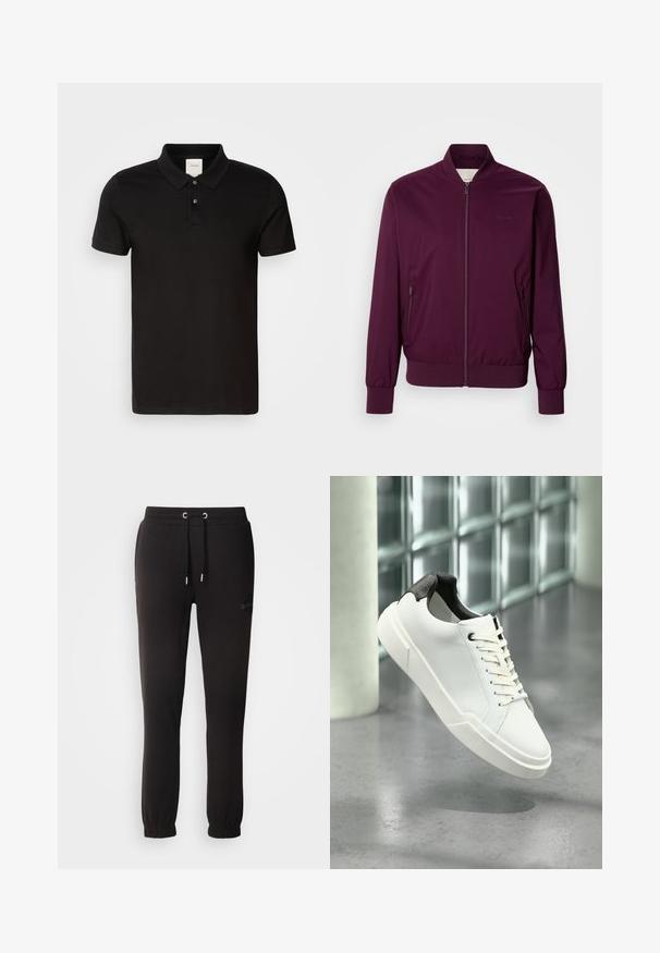 Chaqueta bomber burdeos con cierre de cremallera, puños y dobladillo elásticos. Presenta bolsillos laterales y un logotipo sutil en el pecho. Textura de tela suave.; Camisa polo negra hecha de una tela suave con un cuello clásico. Presenta dos botones en el cuello, mangas cortas y un logotipo sutil en el pecho.; Pantalones de chándal negros de algodón con cintura elástica, cordón y puños acanalados. Presentan un logo sutil bordado en el lateral.; Zapatilla blanca de perfil bajo con lengüeta del talón texturizada en negro, cordones blancos y suela gruesa sobre un suelo de cemento pulido cerca de bloques de vidrio.