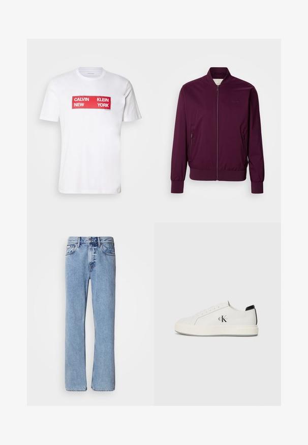 Chaqueta bomber burdeos con cierre de cremallera, puños y dobladillo elásticos. Presenta bolsillos laterales y un logotipo sutil en el pecho. Textura de tela suave.; Camiseta de algodón blanca con un audaz texto gráfico rectangular rojo: "CALVIN NEW KLEIN YORK." Con mangas cortas y un diseño de cuello redondo.; Jeans de mezclilla azul claro con un diseño de pierna recta, cinco bolsillos y cierre de botón. Detalles de costura cerca de los bolsillos y la cintura.; Zapatillas de cuero blanco con puntera redondeada, suela de goma plana y acento negro en el talón. Presenta un destacado logo negro de Calvin Klein en el costado.