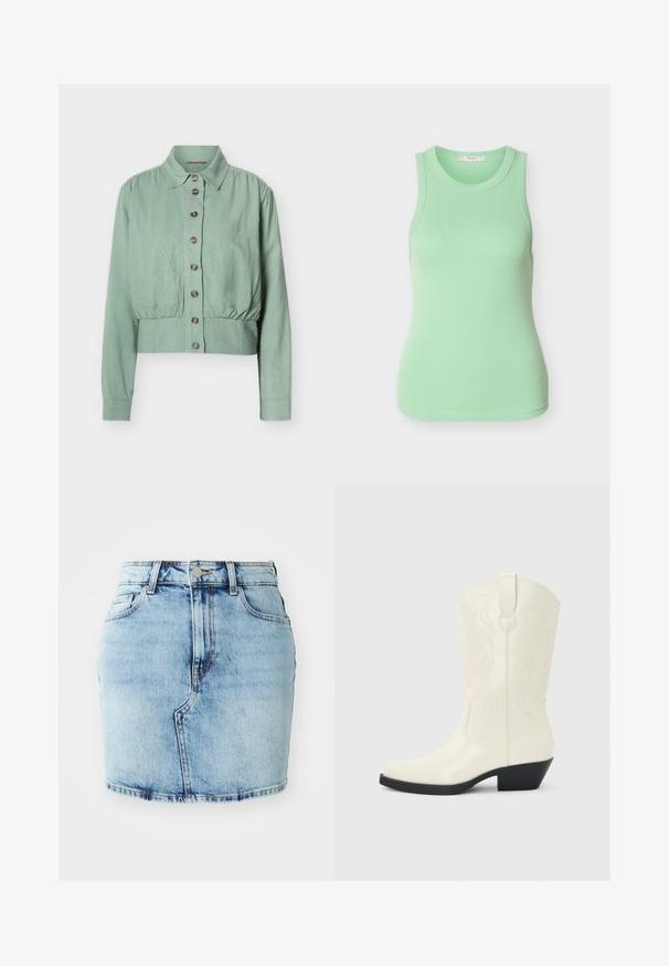 Chaqueta abotonada de color verde claro con mangas largas, cuello con solapa, cintura fruncida y tela texturizada.; Camiseta sin mangas de color verde menta con tejido acanalado, cuello redondo y silueta ajustada sobre un fondo blanco.; Falda de mezclilla de color azul claro con una forma ajustada, cinco bolsillos, cierre de botón y cremallera, y detalles cosidos a lo largo del dobladillo.; Bota blanca de estilo occidental hasta la mitad de la pantorrilla, con punta puntiaguda, tacón apilado negro, costuras decorativas y tira para tirar en el eje.