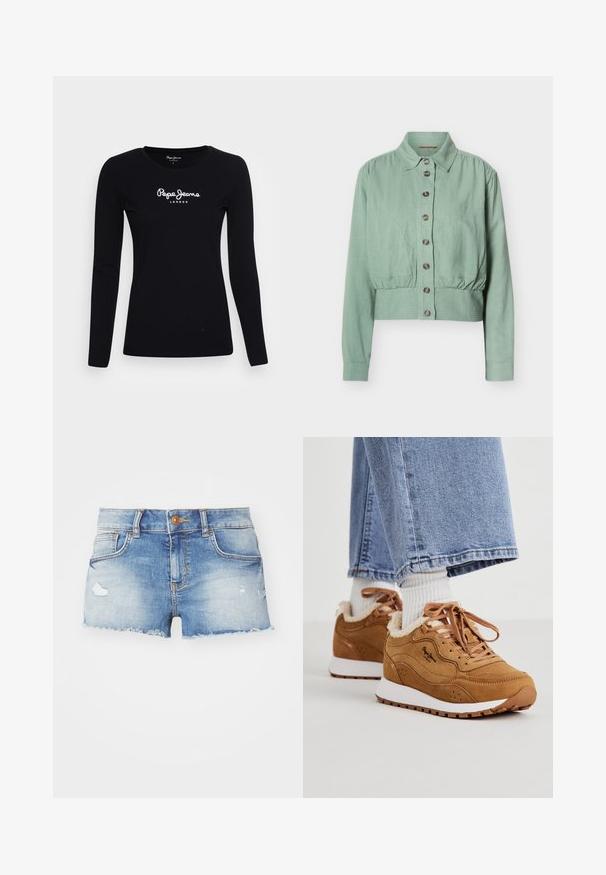 Lysegrøn jakke med knapper, lange ærmer, krave, indsnøring i taljen og struktureret stof.; Sort langærmet T-shirt lavet af bomuld, med rund halsudskæring og hvidt "Pepe Jeans LONDON" logo i midten.; Lysblå denimshorts med distressed finish, frynset kant, fem-lomme design og en enkelt knaplukning foran.; Brune ruskinds sneakers med hvide såler, pelsforing og brune snørebånd. Har perforerede detaljer og et sort logo på siden.