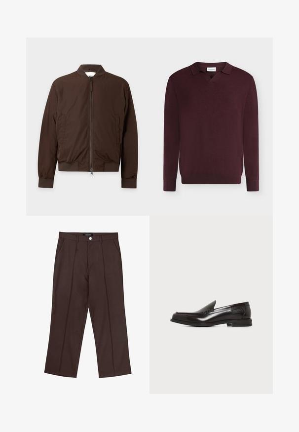 Braune Bomberjacke mit Reißverschluss, geripptem Kragen, Bündchen und Saum, mit Seitentaschen und glattem, leichtem Stoff.; Dunkelburgunderfarbener Pullover mit langen Ärmeln, kleinem Kragen und V-Ausschnitt, dargestellt vor einem einfarbigen hellgrauen Hintergrund.; Braune gerade geschnittene Hose mit vorderen Falten, Seitentaschen, Gürtelschlaufen und einem markierten Knopfverschluss an der Taille.; Schwarzer Lederschuh für Herren zum Hineinschlüpfen mit niedrigem Absatz und Steppnähten an Vorder- und Seitenpartie vor weißem Hintergrund.