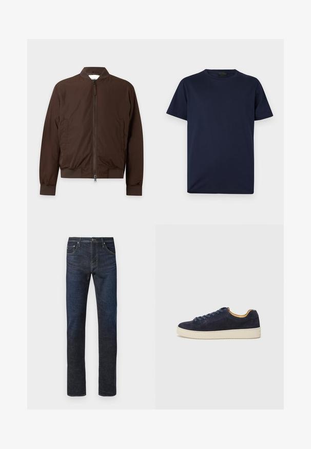 Brun bomberjakke med lynlås med ribstrikket krave, manchetter og kant, med sidelommer og et glat, let materiale.; Mørkeblå T-shirt med korte ærmer og rund hals med lille broderet logo på venstre bryst, vist mod hvid baggrund.; Mørkeblå lige ben denim jeans med frontknap, synlig syning og fem-lommes design på en hvid baggrund.; Marineblå ruskinds lav-top sneaker med rund tå, off-white gummisål og matchende snørebånd; har en kontrasterende tan indvendig foring.