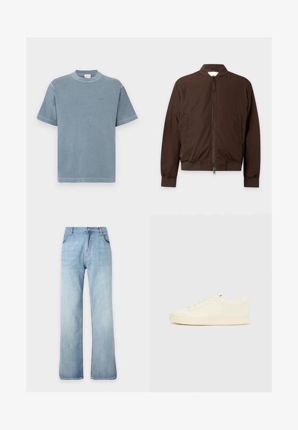 Veste bomber marron zippée avec col, poignets et ourlet côtelés, avec des poches latérales et un tissu lisse et léger.; T-shirt en coton bleu à manches courtes, col rond et broderie de logo subtile. Texture douce avec une coupe décontractée et un ourlet droit.; Jean denim bleu clair à coupe droite avec fermeture avant à boutons et zip, poches avant et passants de ceinture, présenté sur un fond uni.; Baskets couleur crème avec une tige en cuir lisse, bout arrondi, laçage à l'avant et semelle en caoutchouc texturée. Design minimaliste, sans logo.