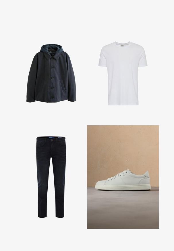 Chaqueta gris oscura con cuello puntiagudo, cierre de botones en la parte frontal y dos bolsillos laterales. Cuenta con una capucha azul desmontable con forro acolchado.; Camiseta blanca lisa de manga corta y cuello redondo, mostrada sobre un fondo blanco, con una pequeña etiqueta en el cuello que muestra la marca “Solid”.; Vaqueros de mezclilla azul oscuro con corte ajustado, costuras visibles, diseño estándar de cinco bolsillos y cierre de botón en la cintura.; Zapatilla deportiva de cuero blanco con textura suave, puntera redonda y cordones planos. Presenta un logo sutil y una suela ligera.