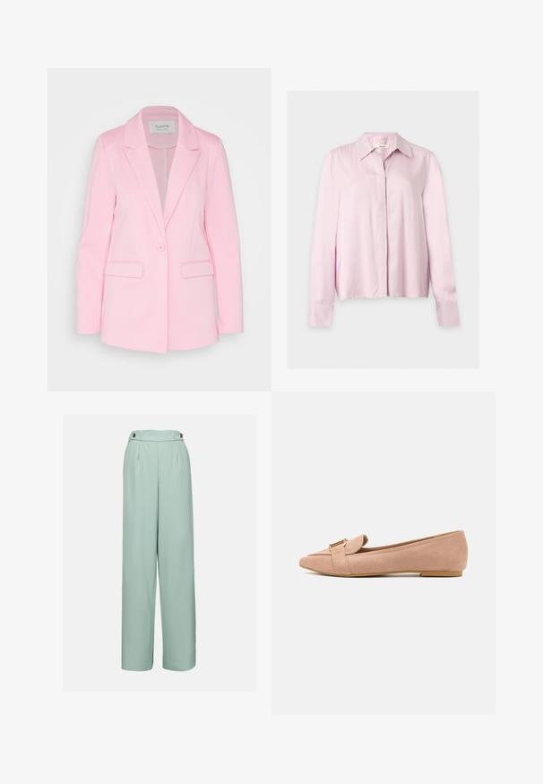 Lichtroze blazer van gladde stof, met een enkele knoopsluiting, opstaande revers en twee voorzakken.; Lichtroze blouse met lange mouwen, kraag, verborgen knoopsluiting en op maat gemaakte manchetten, weergegeven op een effen lichte achtergrond.; Lichtgroene wijde broek van soepel materiaal, met een hoge taille, plooien en decoratieve knopen op de tailleband.; Lichtroze suède ballerina's met een spitse neus, voorzien van een omslagdetail en een goudkleurige gesp als accent. Lage, platte zool. Gladde textuur.