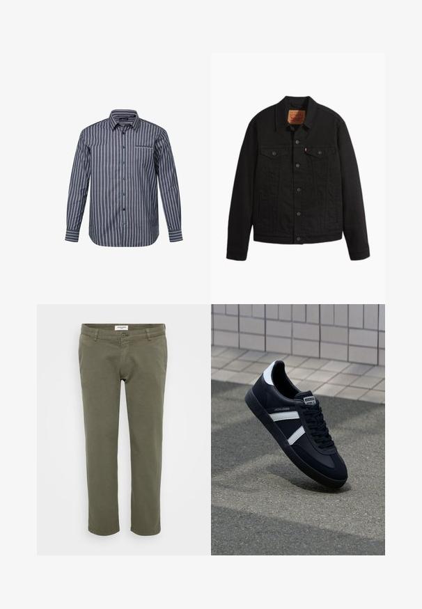 Sort denimjakke med knapper foran, to brystlommer med knapper, sidelommer, krave og lange ærmer.; Stribet skjorte i mørkeblå med lyserøde og hvide lodrette striber. Den har lange ærmer, krave og en brystlomme.; Olivengrønne chinos med lige pasform, lavet af bomuld med let struktur, med knaplukning og bæltestropper.; Sort lædersneaker med hvide striber, tekstureret gummisål og snørrebånd foran. Har et brandet mærke på tungen.