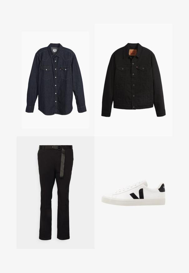 Schwarze Jeansjacke mit Knopfleiste vorne, zwei Brusttaschen mit Knöpfen, Seitentaschen, Kragen und langen Ärmeln.; Dunkelblauses Denim-Hemd mit langen Ärmeln und spitzem Kragen, zwei Brusttaschen, weißen Knöpfen und kontrastierendem gelbem Stich. Glattes, robustes Material.; Schwarze Hose mit geradem Bein Design, aus glattem Stoff gefertigt. Verfügt über einen dünnen, schwarzen Gürtel mit einer runden Schnalle und einer Stoffschlaufe.; Weiße Leder-Sneaker mit schwarzen Wildlederelementen; verfügen über eine Gummisohle, eine runde Spitze und ein klassisches Schnürdesign. Seitliches Logo in Schwarz.
