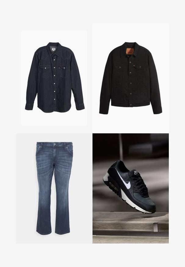 Sort denimjakke med knapper foran, to brystlommer med knapper, sidelommer, krave og lange ærmer.; Mørk denim langærmet skjorte med spids krave, to brystlommer, hvide knapper og kontrastfarvet gul syning. Glat, holdbart stof.; Mørkeblå denimjeans med straight-leg design, der har fem lommer, bæltestropper og en falmet tekstur langs lårene.; Sort og grå Nike Air Max sneaker med hvid swoosh, ophængt over en betongulv mod en sløret mørk baggrund.