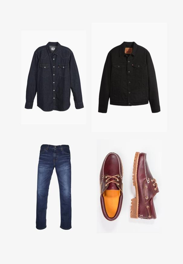 Sort denimjakke med knapper foran, to brystlommer med knapper, sidelommer, krave og lange ærmer.; Mørk denim langærmet skjorte med spids krave, to brystlommer, hvide knapper og kontrastfarvet gul syning. Glat, holdbart stof.; Mørkeblå denim jeans med lige ben, fem lommer og orange syninger, med knap- og lynlåslukning.; Bordeaux lædersko med brune gummisåler, rund tå, hvid syning og gyldne snøringer. Indersiden har et gult for.
