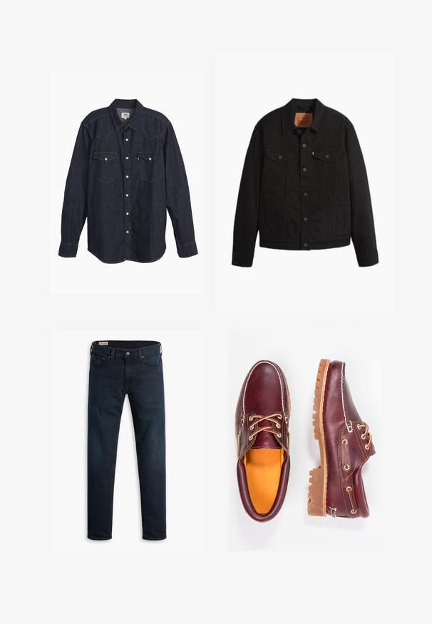Schwarze Jeansjacke mit Knopfleiste vorne, zwei Brusttaschen mit Knöpfen, Seitentaschen, Kragen und langen Ärmeln.; Dunkelblauses Denim-Hemd mit langen Ärmeln und spitzem Kragen, zwei Brusttaschen, weißen Knöpfen und kontrastierendem gelbem Stich. Glattes, robustes Material.; Dunkelblaue Slim-Fit-Jeans mit Fünf-Taschen-Design und Knopfverschluss, flach auf einem weißen Hintergrund ausgelegt.; Bordeauxfarbene Lederschuhe mit braunen Gummisohlen, runder Zehenform, weißen Nähten und goldenen Ösen. Das Innenfutter weist eine gelbe Beschichtung auf.