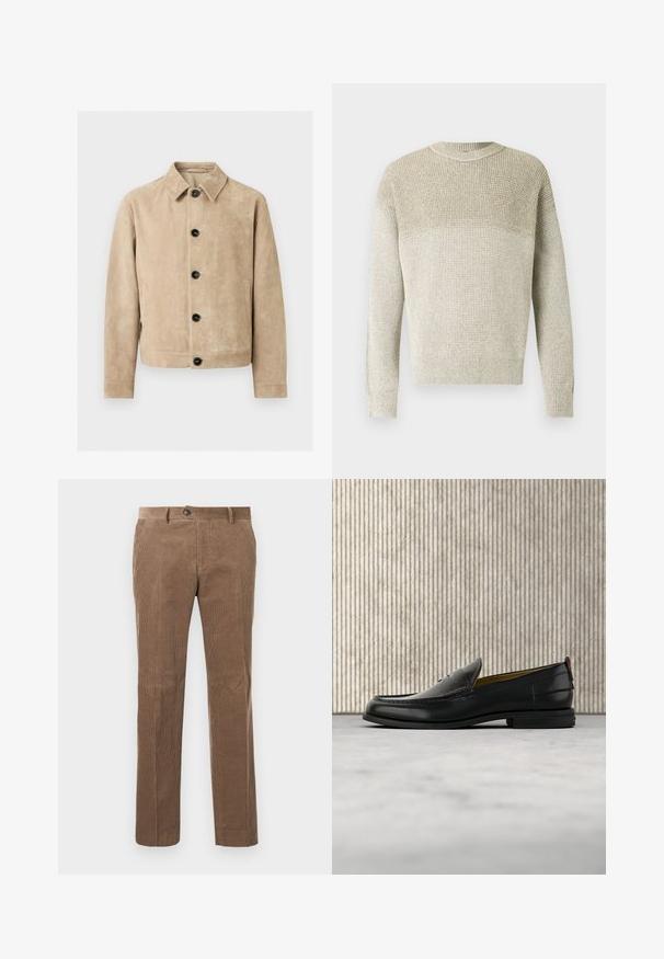 Beige suède jas met kraag, vijf zwarte knopen aan de voorkant, twee zijzakken en een borstzak omtrek.; Lichtbeige gebreide trui met een ronde hals, voorzien van een gestructureerd patroon, geribbelde boorden en zoom, en een subtiel verloop in kleur.; Bruine corduroy broek met verticale ribbelstructuur, recht model, enkele knoopsluiting en twee voorzakken.; Zwarte leren herenslipper met een krokodillen-embossed voorblad en een lage hak, zij-aanzicht op een neutrale achtergrond.