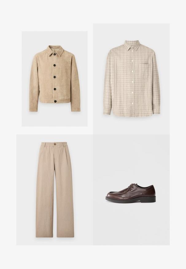 Beige ruskindsjakke med krave, fem sorte knapper foran, to sidelommer og en brystlomme-omrids.; Button-up skjorte i lys beige, med et ternet mønster, lange ærmer, en brystlomme og et almindeligt kravedesign.; Beige vide bukser med struktureret finish, der har folder og en elastisk talje, fastgjort med en bronze knap foran.; Brune lædersko med rund tå, minimal syning og en solid sort sål. Har snørelukning og en glat overflade.