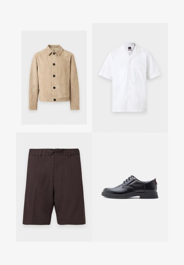 Veste en daim beige avec col, cinq boutons noirs sur le devant, deux poches latérales et un contour de poche poitrine.; Chemise blanche pour homme à manches courtes, boutonnée à l'avant, avec une poche frontale et un col club.; Shorts marron foncé mi-longueur avec ceinture à cordon et passants pour ceinture, présentant un design simple et épuré sur fond blanc.; Chaussures en cuir noir à lacets avec une texture lisse, un bout arrondi et des détails de couture discrets. Présentent une languette rouge à l'arrière.