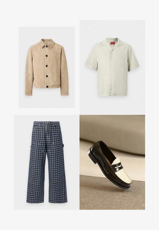Chaqueta de ante beige con cuello, cinco botones negros en la parte delantera, dos bolsillos laterales y un contorno de bolsillo en el pecho.; Camisa beige de manga corta con botones, cuello campestre y etiqueta roja HUGO en el interior del cuello, presentada sobre un fondo liso.; Pantalones de pierna ancha con patrón a cuadros en azul marino y gris, bolsillos frontales y laterales, y cierre de botón en la cintura.; Mocasines de cuero negro con un vampiro color crema y rayas de acento negras, presentando un tacón bajo y costuras detalladas a lo largo de los bordes.