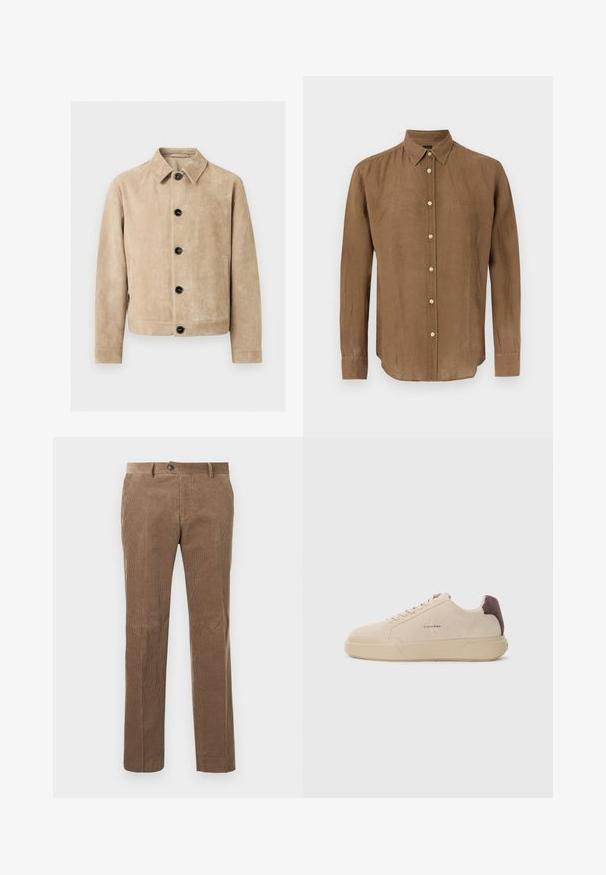 Chaqueta de ante beige con cuello, cinco botones negros en la parte delantera, dos bolsillos laterales y un contorno de bolsillo en el pecho.; Camisa marrón de manga larga con botones, cuello, botones blancos y un logo sutil en el pecho izquierdo, mostrada sobre un fondo blanco.; Pantalones de pana marrones con textura de ribete vertical, diseño de pierna recta, cierre de un solo botón y dos bolsillos frontales.; Zapatilla de ante beige con punta redondeada, cordones en la parte frontal y un acento de ante marrón en el talón. Cuenta con una suela de goma texturizada.