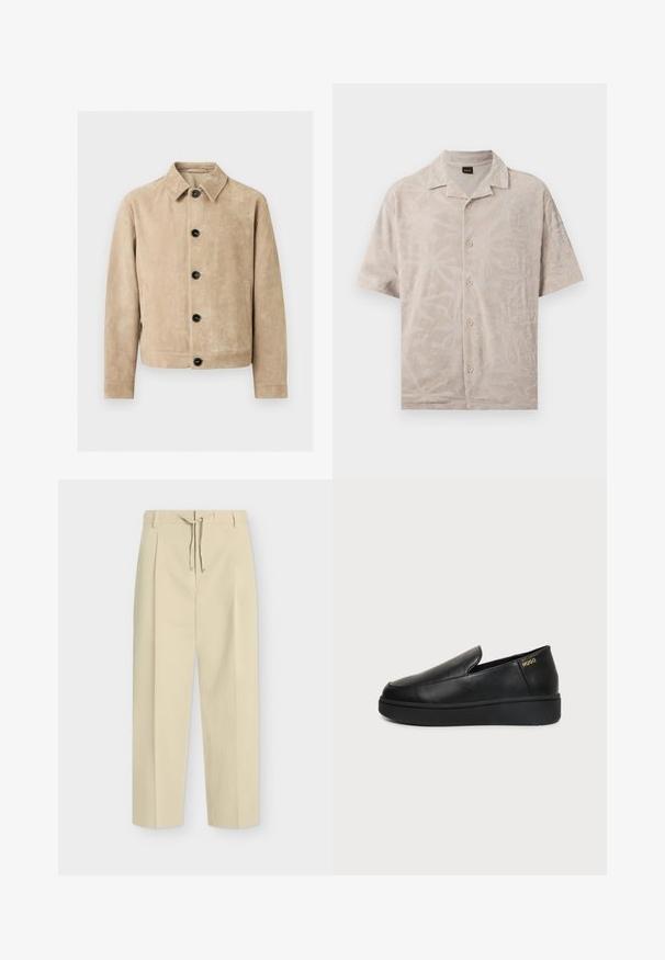 Veste en daim beige avec col, cinq boutons noirs sur le devant, deux poches latérales et un contour de poche poitrine.; Chemise beige à manches courtes avec boutons, motif de feuilles texturées subtile, petit col, posée à plat sur un fond blanc.; Pantalon beige droit avec passants pour ceinture et nouage à l'avant, présentant un design épuré et ajusté ainsi qu'un tissu texturé.; Chaussure noire en cuir à enfiler avec semelle épaisse et petits trous de ventilation latéraux, avec un logo doré "HUGO" près du talon.