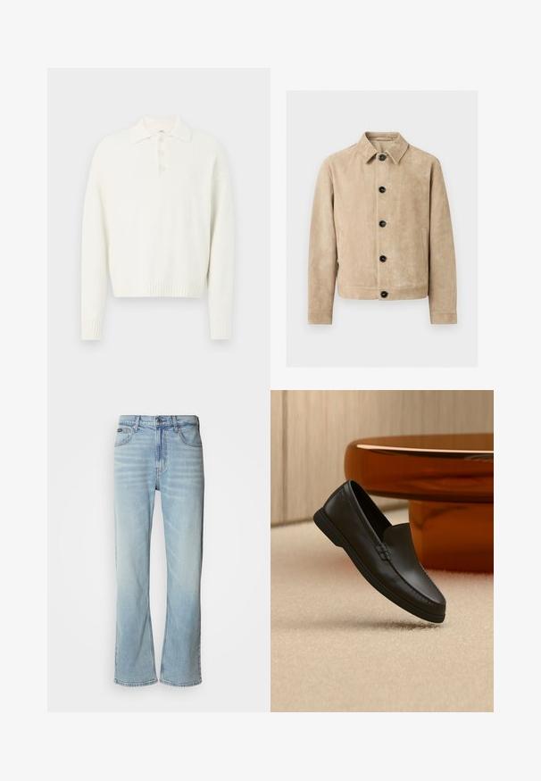 Beige ruskindsjakke med krave, fem sorte knapper foran, to sidelommer og en brystlomme-omrids.; Hvid pullover sweater med krave, tre knapper foran og ribbede manchetter og kant. Blødt, struktureret stof med en afslappet pasform.; Lyseblå denimjeans med lige ben, der har fem lommer, knaplukning og en subtil falmning på stoffet.; Sort læder slip-on loafer vist på beige tæppe ved siden af et buet borde af ravfarvet glas i et rum med neutrale toner.
