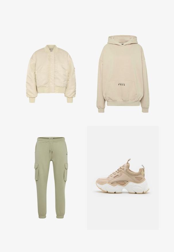 Beige cropped bomberjack met geribde kraag, manchetten en zoom, vooraan ritssluiting bedekt door een klep, en lange gebolde mouwen.; Beige hoodie met een voorzak, geribbelde boorden en een capuchon met trekkoord. "PECADOR PGDR" tekst gedrukt op het zakgebied.; Lichtgroene cargobroeken van zacht stof, met zijzakken, elastische manchetten en een koordje in de taille voor een verstelbare pasvorm.; Beige sneaker met een combinatie van gladde en gestructureerde materialen, een chunky witte zool en mesh accenten voor ademend vermogen.