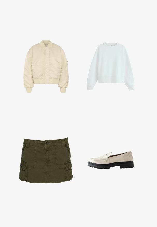 Beige cropped bomberjack met geribde kraag, manchetten en zoom, vooraan ritssluiting bedekt door een klep, en lange gebolde mouwen.; Witte longsleeve crewneck-trui met geribbelde manchetten en zoom, weergegeven op een effen witte achtergrond.; Kaki groene cargorok van een katoenmix, met zijzakken, zichtbare stiksels en een knoopsluiting in de taille.; Beige gepatineerde leren loafers met een ronde neus, dikke zwarte rubberen zool en een gestikte accent over de voorkant.