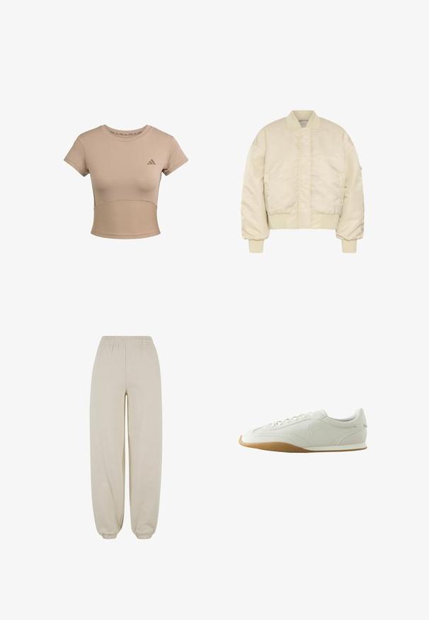 Beige gekürzte Bomberjacke mit geripptem Kragen, Bündchen und Saum, vorderer Reißverschluss mit Klappe bedeckt und langen, aufgepufften Ärmeln.; Beige Sport cropped T-Shirt mit kurzen Ärmeln, geripptem unteren Abschnitt und dezentem Logo auf der Brust. Glatte Textur, taillierte Passform.; Beige Freizeithose mit elastischem Bund und Bündchen, locker sitzend und mit glatter Stoffstruktur.; Weißer Sneaker mit brauner Gummisohle, Nahtdetails, Schnürung vorne und gesticktem Logo an der Seite.