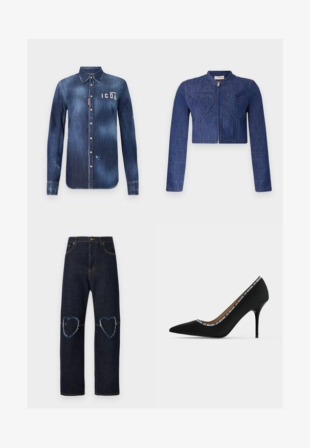 Veste en jean courte de couleur bleu foncé avec des manches longues, fermeture éclair et des patchs en forme de cœur à l'avant. Présente des coutures visibles.; Chemise en denim bleu foncé, présentant un design à boutons, avec un effilochage préservé, des accents usés et un texte blanc "ICON" sur la poitrine.; Jean en denim bleu foncé avec jambes droites et patchs en forme de cœur usés sur les deux genoux.; Chaussure noire à talon haut pointu avec talon stiletto et bordure de texte "LOVE MOSCHINO" le long du bord d'ouverture, vue de côté sur fond blanc.