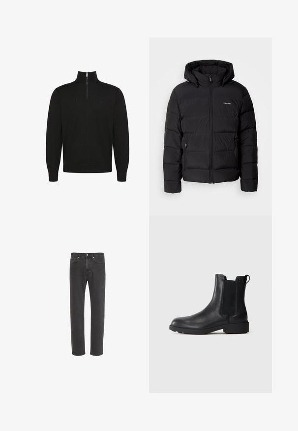 Chaqueta de plumón negra con cremallera frontal y capucha ajustable. Presenta paneles acolchados, dos bolsillos laterales y un pequeño logo en el pecho.; Jersey negro de manga larga con cremallera a medio frente y puños y bajo de canalé, con un pequeño logo sutil en el pecho.; Vaqueros negros de corte recto con cierre delantero de botón y cremallera, bolsillos delanteros y traseros, mostrados sobre fondo blanco.; Botín negro de cuero hasta el tobillo con paneles laterales elásticos, tirador en el talón y suela baja de bloque sobre un fondo liso.