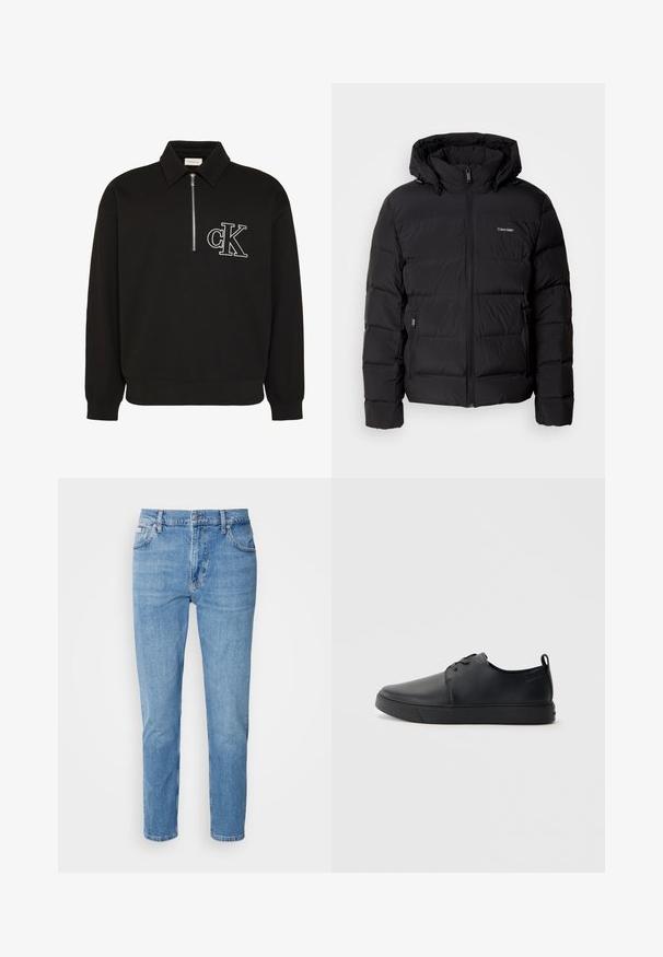 Sort puffet jakke med lynlås foran og justerbar hætte. Har quiltede paneler, to sidelommer og et lille logo på brystet.; Sort langærmet pullover med krave, halvlukning foran med lynlås og hvidt broderet "cK" logo på venstre bryst.; Lys blå denim jeans med lige snit, fem-lomme design og subtilt slid. Har knaplukning og bæltestropper.; Sorte lædersneakers med en glat finish, rund tå, tonalt syning, snøring foran og en flad gummisål. Løkke ved hælen.