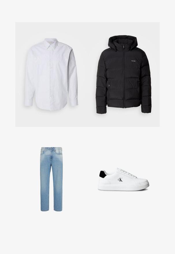 Zwarte pufferjas met een ritssluiting aan de voorkant en een verstelbare capuchon. Bevat gequiltte panelen, twee zijzakken en een klein logo op de borst.; Witte lange mouwen shirt van linnen met verticale blauwe strepen, voorzien van een knoopsluiting aan de voorkant en een reliëf "CALVIN KLEIN" logo over de borst.; Lichtblauwe denim jeans met rechte pijpen, voorzakken, riemlussen en knoopsluiting, afgebeeld tegen een witte achtergrond.; Witte lage sneaker met zwarte hielstrook en "cK"-logo aan de zijkant, voorzien van witte veters en een dikke witte zool.