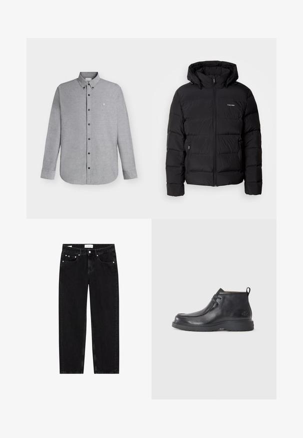 Chaqueta de plumón negra con cremallera frontal y capucha ajustable. Presenta paneles acolchados, dos bolsillos laterales y un pequeño logo en el pecho.; Camisa de manga larga color gris claro con cierre de botones y cuello abotonado, con un pequeño logo "cK" bordado en el pecho izquierdo.; Vaqueros de mezclilla negra con un corte recto, textura ligeramente desgastada, cinco bolsillos y detalles en metal plateado. Etiqueta en la cintura.; Botas de cuero negras hasta el tobillo con punta redondeada, diseño con cordones y una lengüeta en la parte trasera. Parte superior texturizada y suela de goma.