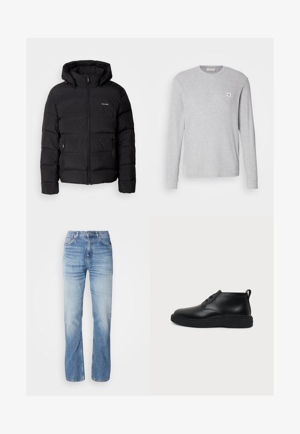 Schwarze Pufferjacke mit Reißverschluss vorne und verstellbarem Kapuze. Sie verfügt über gesteppten Einsätze, zwei Seitentaschen und ein kleines Logo auf der Brust.; Langärmliges T-Shirt in Hellgrau aus Baumwollmischung mit Rundhalsausschnitt und einem kleinen Logopatch auf der linken Brust.; Hellblaue Jeans aus Denim mit geradem Bein, verblasstem Finish, fünf Taschen und Knopfverschluss. Klassisches Design und mittlere Dicke.; Schwarzer knöchelhoher Schnürschuh aus Leder mit dicker Gummisohle und Zuglasche an der Ferse, im Seitenprofil vor einfarbigem Hintergrund gezeigt.