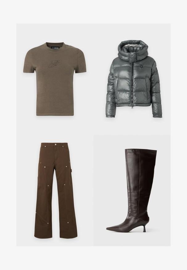 Veste grise gonflante avec un col haut ajustable, une fermeture éclair à l'avant et deux grandes poches avant ; texture brillante et matelassée.; T-shirt marron uni à manches courtes avec encolure ronde et initiales brodées discrètes « H K » sur la poitrine.; Pantalon droit marron avec poches avant et latérales, rivets argentés, passants de ceinture et fermeture par bouton sur fond blanc.; Botte en cuir marron, hauteur genou, avec un bout pointu et un talon fin. Texture lisse et design élégant, arborant une silhouette minimaliste.