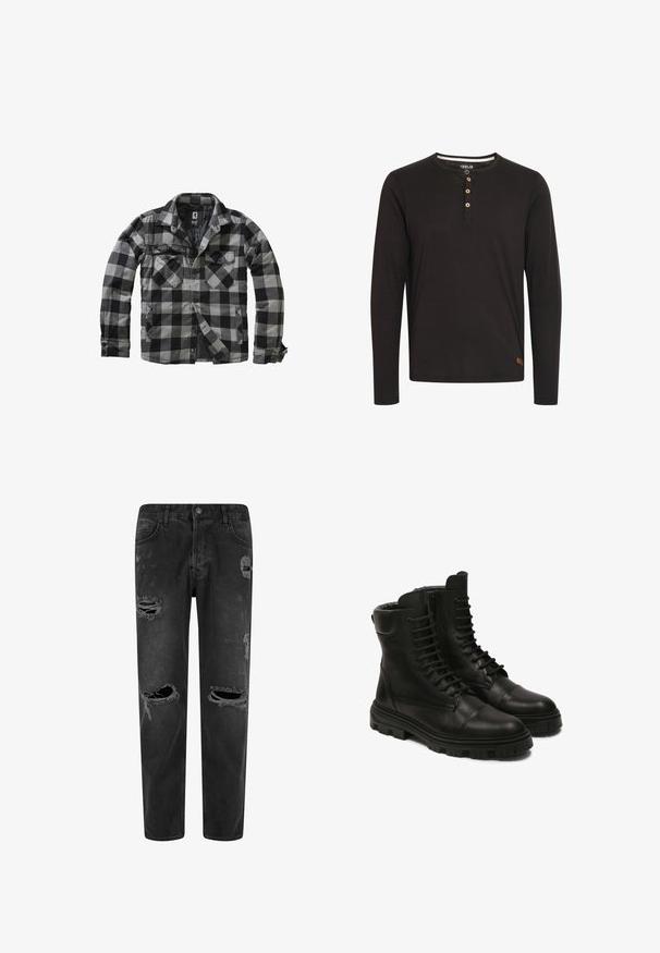 Zwart-wit geruite flanellen jas met twee zakken aan de voorkant, knoopsluiting en overhemdkraag. De stof is zacht met een gladde textuur.; Zwarte lange mouwen shirt van zachte stof, met een ronde halslijn, een knoopsluiting met houten knopen en een klein logo-label aan de onderkant.; Zwarte spijkerbroeken van denim met een ontspannen pasvorm, voorzien van gescheurde details en meerdere opengebarsten gebieden. Vijf-pocket ontwerp met een knoopsluiting.; Zwarte leren laarzen met een vetersluiting, voorzien van een zijrits, robuuste zool en versterkte neus. Gladde textuur en stevige constructie.