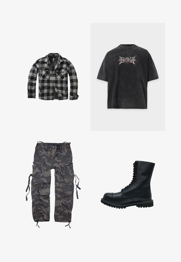 Veste en flanelle à carreaux noirs et gris avec deux poches avant, fermeture par boutons et col de chemise. Le tissu est doux avec une texture lisse.; T-shirt noir oversize avec texture délavée et texte stylisé en blanc et rouge "Fadella" centré sur le devant.; Pantalons cargo camouflage dans des tons de gris et de noir, fabriqués à partir d'un tissu avec une surface légèrement texturée. Présente plusieurs poches et des liens à l'ourlet.; Bottines en cuir noir à lacets avec un bout rond, une tige haute, une semelle en caoutchouc épaisse et une surface texturée. Comprend des piqûres renforcées le long des coutures.