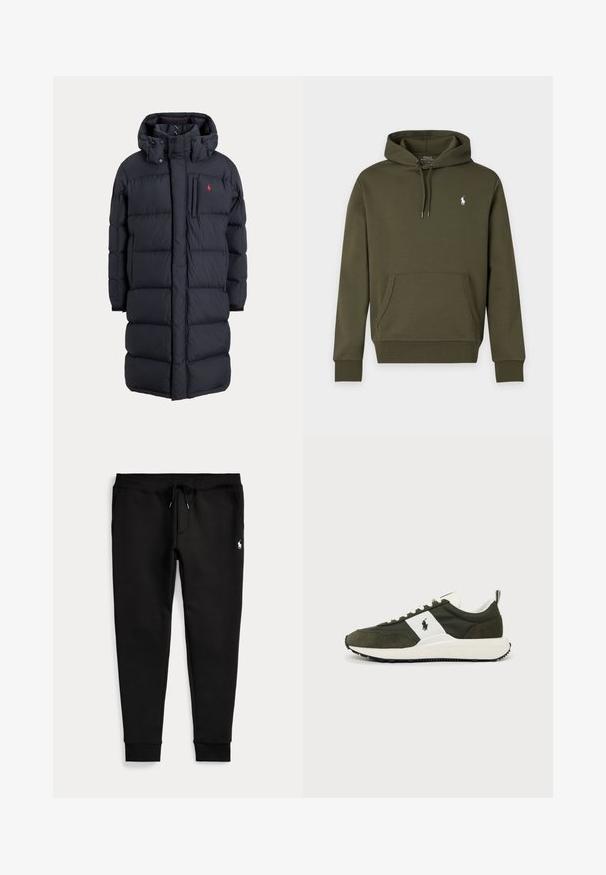 Pikk must polsterdatud talvejope kapuutsiga, esikotid, vertikaalne lukuga rinnatasku ja väike punane logo vasakul rinnal.; Tume roheline kapuutsiga dressipluus esitasku ja väikese valge Polo Ralph Laureni logoga vasakul rinnal.; Mustad jogger-püksid, mansettidega pahkluude juures, nööriga vöökoht, küljetaskud ja väike valge polo mängija logo paremal reiel.; Tume roheline ja valge madala säärega tennisejalats valgete paelte, valge vahepealse tallaga, musta tallaga ning väikese hobuse logoga külgpaneelil.