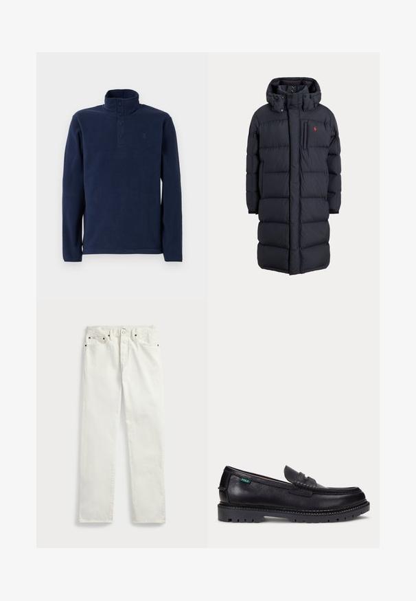 Abrigo de invierno largo negro acolchado con capucha, bolsillos frontales, bolsillo vertical con cremallera en el pecho y pequeño logo rojo en el pecho izquierdo.; Jersey polar azul marino con cuello alto y tapeta con cuatro botones. Cuenta con mangas largas y un pequeño logo en el pecho. Textura suave.; Jeans de mezclilla blanca con corte recto, que cuentan con cinco bolsillos, botones de metal y detalles de costura a lo largo de las costuras. Textura suave.; Mocasín de cuero negro con suela gruesa estriada y pequeña etiqueta verde "Polo" en el lado exterior cerca del talón.