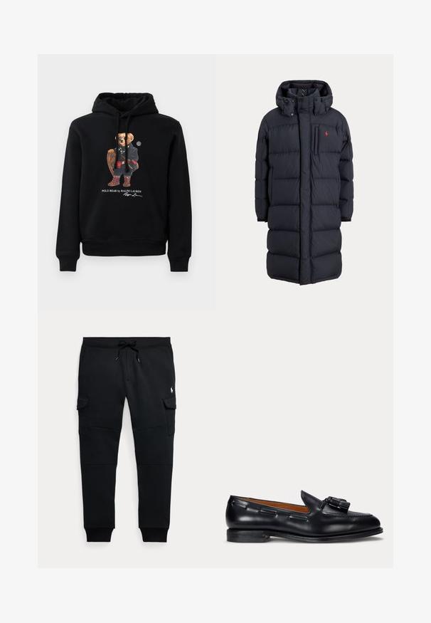 Lange zwarte gewatteerde winterjas met capuchon, voorzakken, verticale ritssluiting op de borstzak en een klein rood logo op de linkerborst.; Zwarte hoodie met een beer in een zonnebril, een jas, laarzen, en met een houten racket in de hand, met de tekst "Polo Bear by Ralph Lauren" eronder.; Zwarte cargo joggerbroek met trekkoord in de taille, zijzakken met klep, geribde boorden en een klein wit polo speler logo op het rechterdijbeen.; Zwarte leren loafer met kwastdetail en lage hak, zijaanzicht tegen een effen achtergrond.