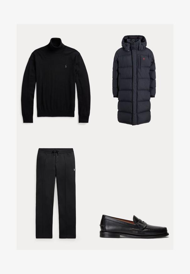 Langer schwarzer, wattierter Wintermantel mit Kapuze, Fronttaschen, vertikalem Reißverschluss an der Brusttasche und kleinem rotem Logo auf der linken Brust.; Schwarzer Langarm-Rollkragenpullover mit gerippten Bündchen und Saum, mit kleinem gesticktem Logo auf der linken Brust.; Schwarze Sweatpants mit geradem Bein, Kordelzug in der Taille und kleinem weißem Logo am linken Oberschenkel, flach auf hellem Hintergrund gezeigt.; Schwarzer Lederloafer mit niedrigem Absatz und Pennyriemendetail, von der Seite auf hellgrauem Hintergrund gezeigt.