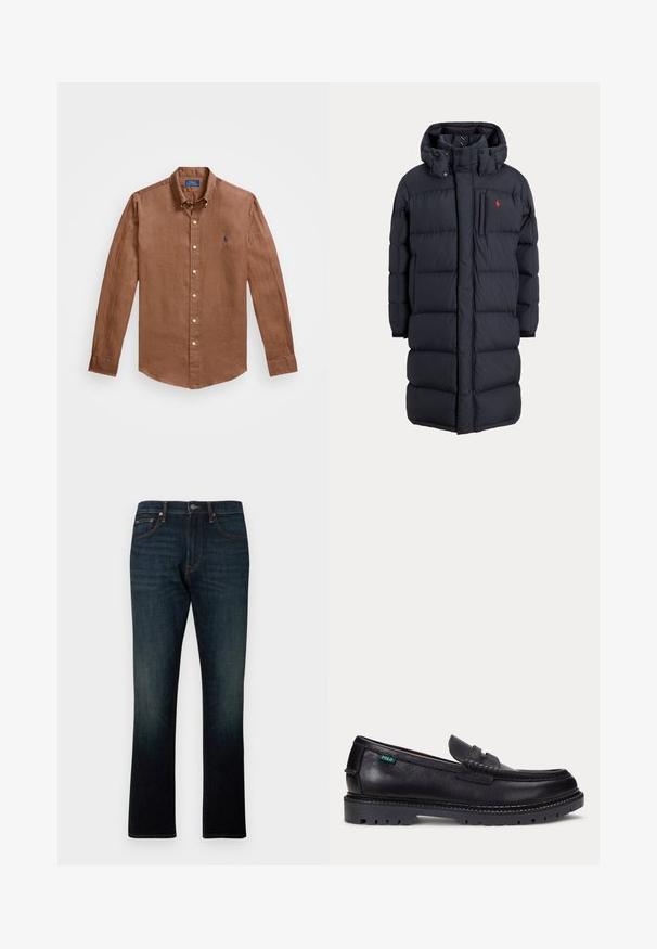 Abrigo de invierno largo negro acolchado con capucha, bolsillos frontales, bolsillo vertical con cremallera en el pecho y pequeño logo rojo en el pecho izquierdo.; Camisa de manga larga marrón de botones hecha de lino, con un cuello clásico, botones en la parte delantera y un pequeño logo azul en el pecho.; Vaqueros de denim azul oscuro de pierna recta con cinco bolsillos y costuras naranjas, mostrados planos sobre un fondo blanco.; Mocasín de cuero negro con suela gruesa estriada y pequeña etiqueta verde "Polo" en el lado exterior cerca del talón.