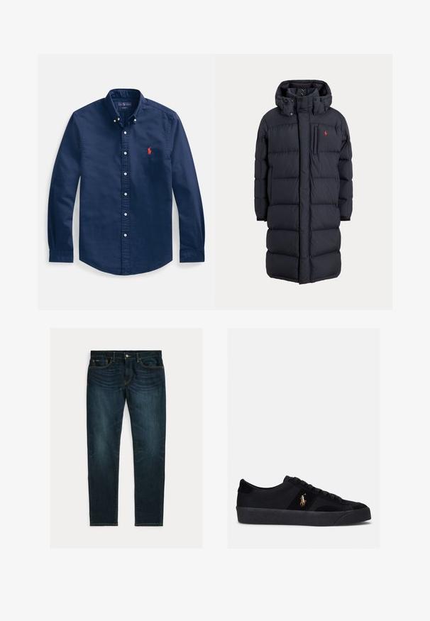 Lange zwarte gewatteerde winterjas met capuchon, voorzakken, verticale ritssluiting op de borstzak en een klein rood logo op de linkerborst.; Marineblauw katoenen overhemd met knopen, voorzien van een puntige kraag, lange mouwen en een klein rood geborduurd logo op de borst.; Donkerblauwe slim-fit jeans met lichte vervaging en vijfzakkenontwerp, plat gelegd op een witte achtergrond.; Zwarte sneakers met een bovenwerk van stof en suède, ronde neus, platte rubberen zool en geborduurd logo aan de zijkant. Vetersluiting met zes veterogen.