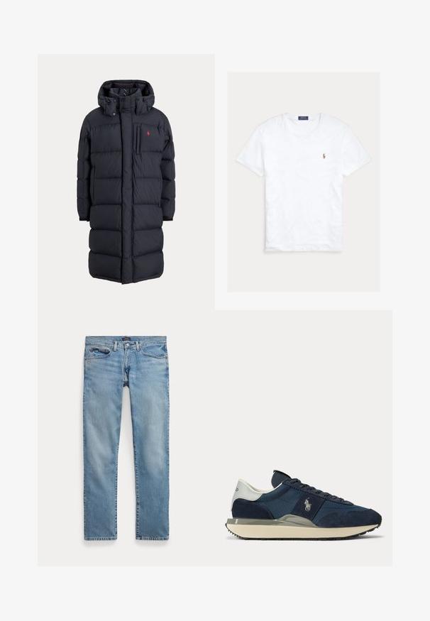 Langer schwarzer, wattierter Wintermantel mit Kapuze, Fronttaschen, vertikalem Reißverschluss an der Brusttasche und kleinem rotem Logo auf der linken Brust.; Weißes T-Shirt mit Rundhalsausschnitt und kurzen Ärmeln, mit kleinem gesticktem Polo Ralph Lauren Logo auf der linken Brust und blauem Markenetikett innen am Kragen.; Hellblaue Jeans mit geradem Bein, Vordertaschen und Knopfverschluss, flach auf weißem Hintergrund ausgebreitet.; Marineblauer und weißer Sneaker mit Velours- und Stoffeinsätzen, weißem Logo an der Seite, weißem Fersenlaschen und beiger Sohle mit schwarzer Laufsohle.