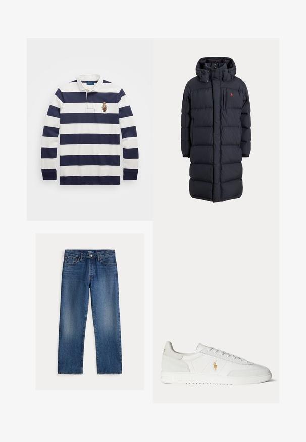 Langer schwarzer, wattierter Wintermantel mit Kapuze, Fronttaschen, vertikalem Reißverschluss an der Brusttasche und kleinem rotem Logo auf der linken Brust.; Polo Ralph Lauren CLASSIC FIT POLO BEAR RUGBY SHIRT - Langarmshirt - blu; Straight-leg blaue Jeans mit ausgewaschenen Details, fünf Taschen, Gürtelschlaufen und Knopf- und Reißverschlussverschluss, Polo Ralph Lauren Etikett innen.; Weißer Sneaker in niedriger Ausführung mit Schnürdesign, goldenem Polo Ralph Lauren Logo an der Seite und strukturierter Sohle auf einfarbigem Hintergrund.
