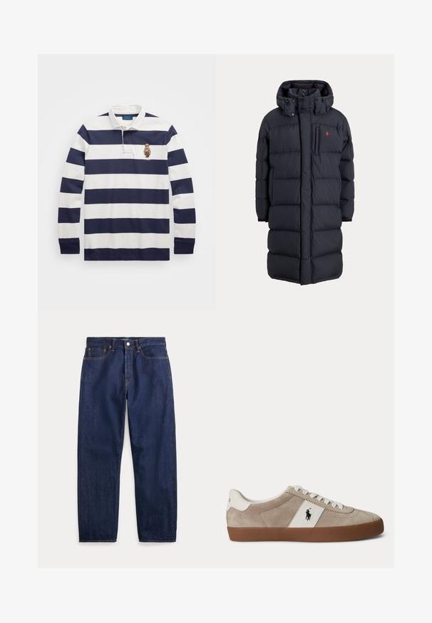 Pitkä musta toppatakki hupulla, etutaskuilla, pystysuoralla vetskarilla varustettu rintatasku ja pieni punainen logo vasemmassa rinnassa.; Polo Ralph Lauren CLASSIC FIT POLO BEAR RUGBY SHIRT - Pitkähihainen paita - blu; Tummansiniset farkut suorilla lahkeilla, viisi taskua, nappikiinnitys ja näkyvät saumat.; Beigen värinen mokkanahkainen matalan mallinen lenkkari, jossa valkoiset kengännauhat, valkoinen nahkakoristelu mustalla hevosen logolla ja ruskea kumipohja.
