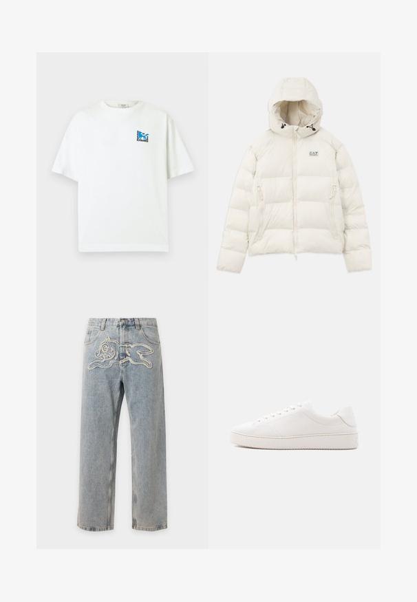 Doudoune blanche douce avec une capuche ajustée, fermeture éclair à l'avant et deux poches latérales. Présente un motif cousu et une étiquette de logo sur la poitrine.; T-shirt blanc à manches courtes avec petit logo renard bleu et texte « Maison Kitsuné 2062 Paris » sur le haut gauche de la poitrine.; Jean en denim bleu clair avec un motif lapin ludique brodé sur la zone avant de la taille.; Baskets en cuir blanc à finition lisse, bout rond, laçage à six œillets et semelle en caoutchouc texturée. Design minimaliste sans motifs.