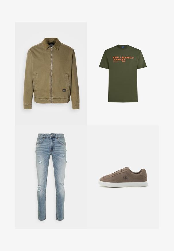Olijfgroene zip-up jas met corduroy kraag, twee voorste schuine zakken en een klein rechthoekig zwart merkembleem dicht bij de zoom.; Olijf groene T-shirt met korte mouwen en oranje tekst "KARL LAGERFELD JEANS" en "NEW ECLIPSE 07° 11' 16''" op de borst.; Lichtblauwe denim jeans met een slim fit, met verouderde scheuren, vijf zakken, een knoopsluiting en subtiele vervagingen door het geheel.; Taupe suède lage sneaker met beige veters, witte rubberen zool en subtiel "cK" logo aan de zijkant.